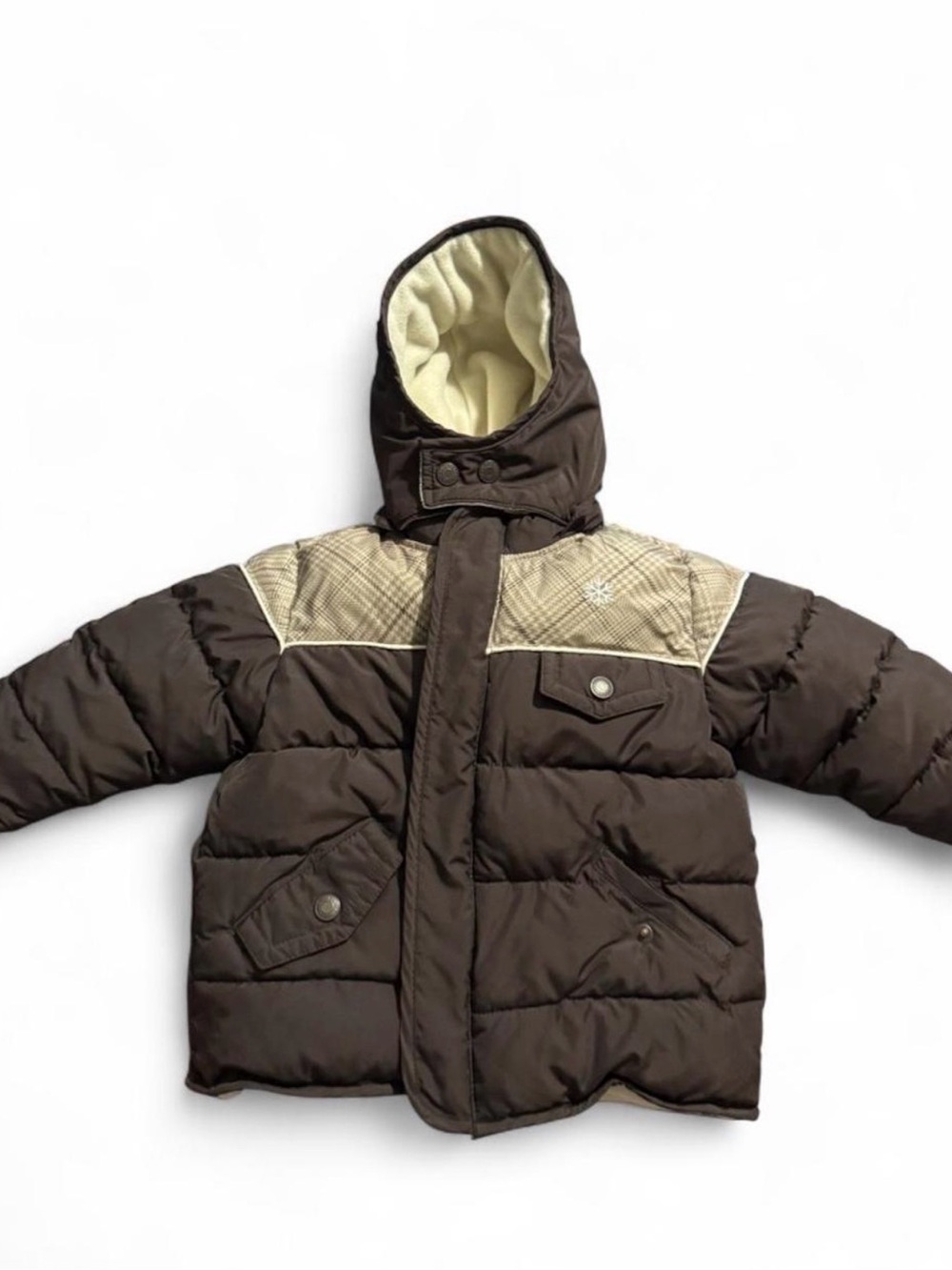 Old Navy Brown Puffer Jacket with Cream Yoke and Hood